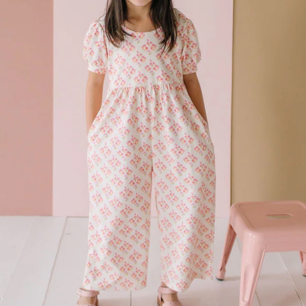 Girls' Pink Floral Wide-Leg Romper with Puff Sleeves